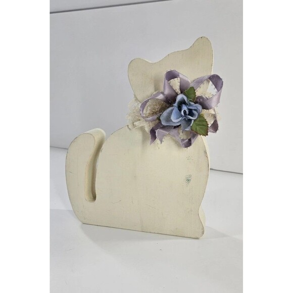 Vtg Wood Primitive Country Kitty Cat Floral Bow Farmhouse Shabby Chic Cottage - Picture 11 of 12